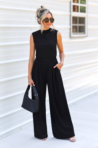 Sleek Society Black High Neck Ribbed Jumpsuit - Simply Me Boutique