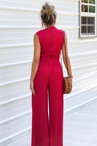 Sleek Society Red High Neck Ribbed Jumpsuit - Simply Me Boutique