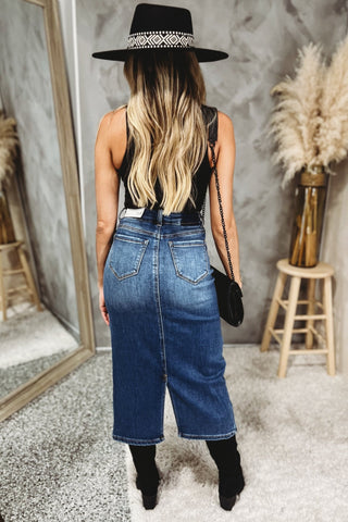 Sloane Crossover Denim Stretch Midi Skirt - Simply Me Boutique