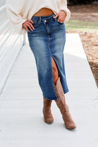 Sloane Crossover Denim Stretch Midi Skirt - Simply Me Boutique