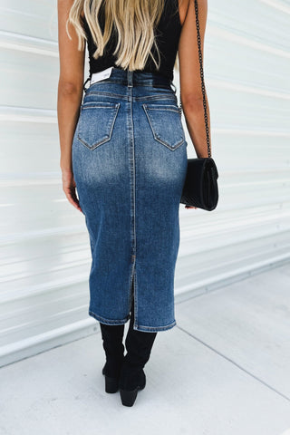 Sloane Crossover Denim Stretch Midi Skirt - Simply Me Boutique
