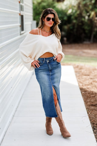 Sloane Crossover Denim Stretch Midi Skirt - Simply Me Boutique