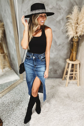 Sloane Crossover Denim Stretch Midi Skirt - Simply Me Boutique