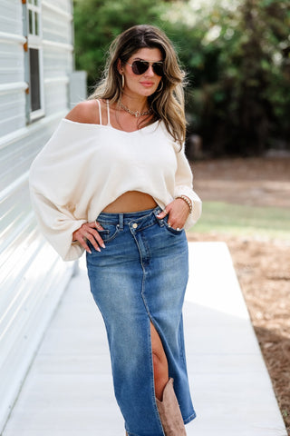 Sloane Crossover Denim Stretch Midi Skirt - Simply Me Boutique