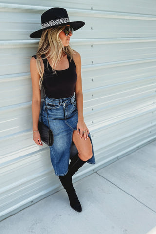 Sloane Crossover Denim Stretch Midi Skirt - Simply Me Boutique
