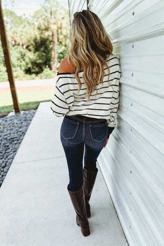 Striped Off Shoulder Dolman Knit Top (Chocolate) - Simply Me Boutique
