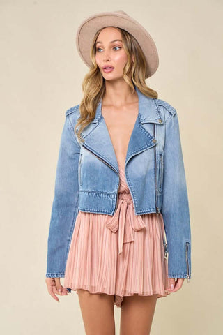 Sun Goes Down Denim Cropped Moto Jacket - Simply Me Boutique