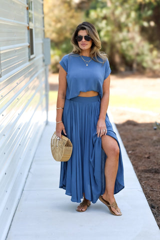 Sunkissed Ease Dusty Blue Crop Top Skirt SET - Simply Me Boutique