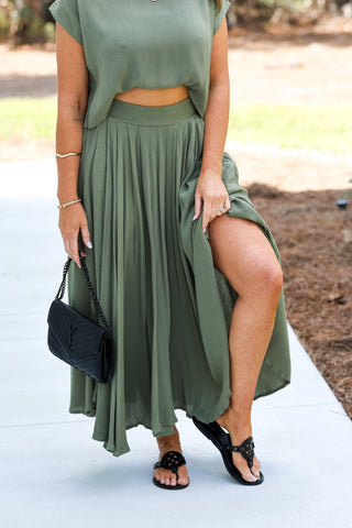 Sunkissed Ease Dusty Light Olive Crop Top Skirt SET - Simply Me Boutique