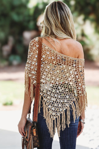 Sunset Shimmer Sequin Fringe Poncho Cover Up Top - Simply Me Boutique