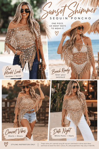 Sunset Shimmer Sequin Fringe Poncho Cover Up Top - Simply Me Boutique