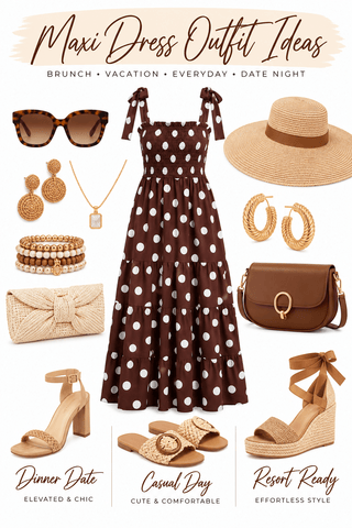 Sweet Caroline Smocked Polka Dot Midi Dress (Chocolate Brown) - Simply Me Boutique