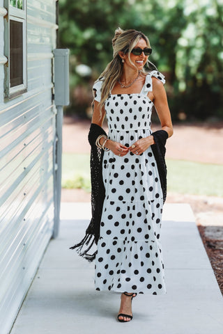 Sweet Caroline Smocked Polka Dot Midi Dress (WHITE) - Simply Me Boutique