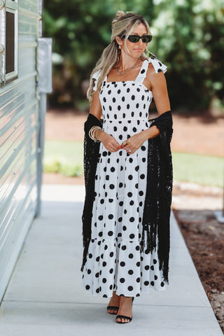 Sweet Caroline Smocked Polka Dot Midi Dress (WHITE) - Simply Me Boutique