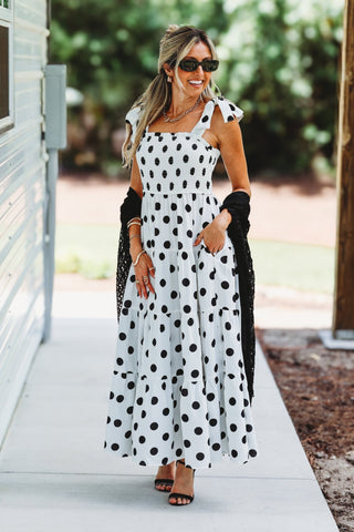 Sweet Caroline Smocked Polka Dot Midi Dress (WHITE) - Simply Me Boutique