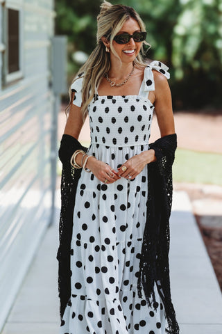 Sweet Caroline Smocked Polka Dot Midi Dress (WHITE) - Simply Me Boutique