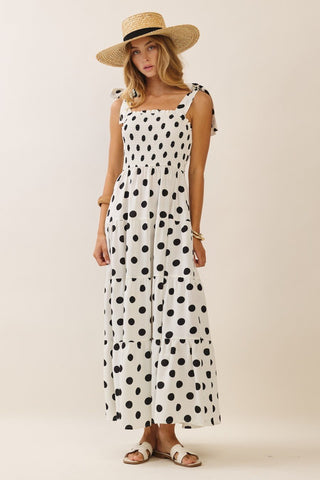 Sweet Caroline Smocked Polka Dot Midi Dress (WHITE) - Simply Me Boutique