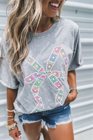 Sweet Stitch Puffy Bow Mineral Wash Grey Tee - Simply Me Boutique