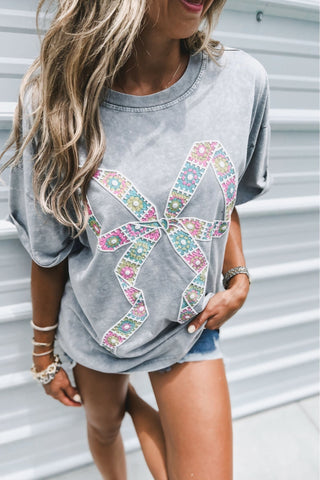 Sweet Stitch Puffy Bow Mineral Wash Grey Tee - Simply Me Boutique
