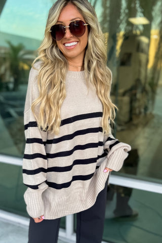 TAUPE Coastal Stripes Oversized Sweater - Simply Me Boutique