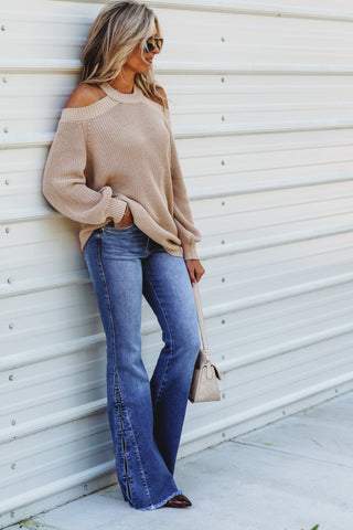 TAUPE Just Another Day Cold Shoulder Sweater - Simply Me Boutique