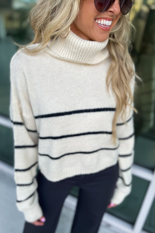 Taupe Stripe Cozy Turtleneck Sweater - Simply Me Boutique