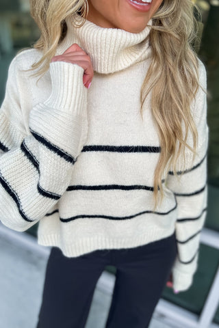 Taupe Stripe Cozy Turtleneck Sweater - Simply Me Boutique