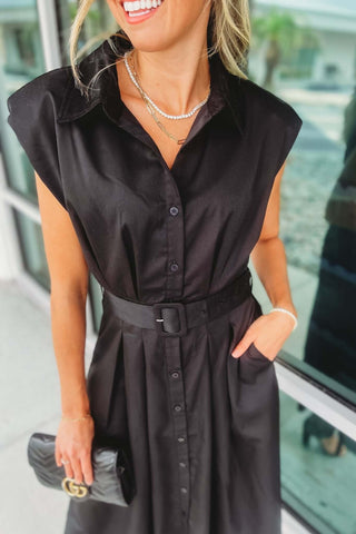 Tea Party Collared Belted Black Midi Dress - Simply Me Boutique