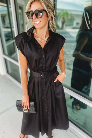 Tea Party Collared Belted Black Midi Dress - Simply Me Boutique