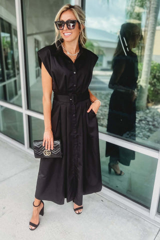 Tea Party Collared Belted Black Midi Dress - Simply Me Boutique