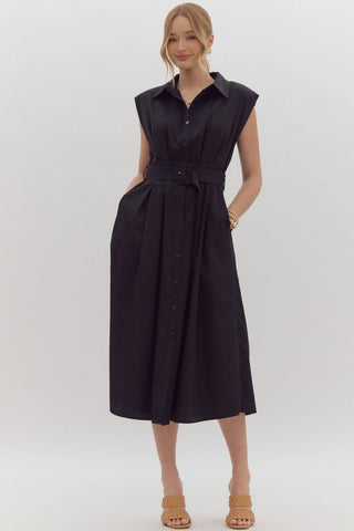 Tea Party Collared Belted Black Midi Dress - Simply Me Boutique