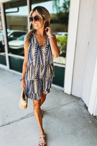 The Amalfi Palm Blue Tiered Dress - Simply Me Boutique