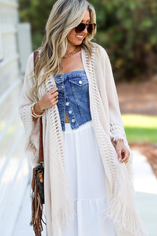 The Callie Beige Frayed Knit Wrap Kimono - Simply Me Boutique
