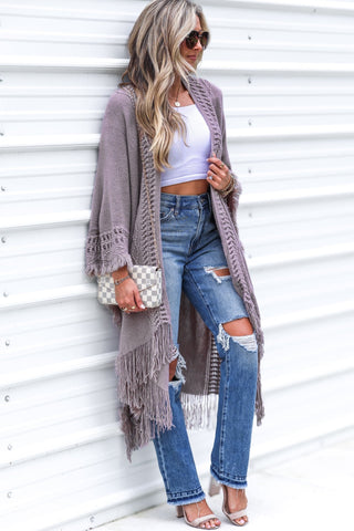 The Callie Grey Mauve Frayed Knit Wrap Kimono - Simply Me Boutique