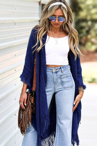 The Callie Navy Frayed Knit Wrap Kimono - Simply Me Boutique
