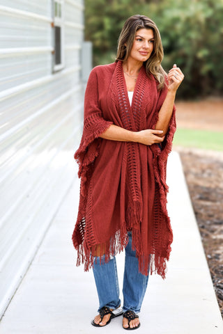 The Callie Rust Frayed Knit Wrap Kimono - Simply Me Boutique