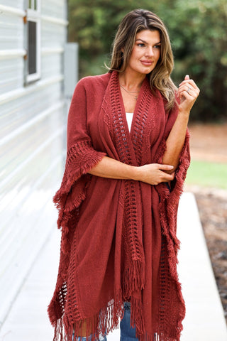 The Callie Rust Frayed Knit Wrap Kimono - Simply Me Boutique