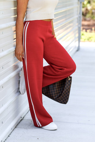 The Camden Knit RED Side Stripe Straight Knit Pants - Simply Me Boutique