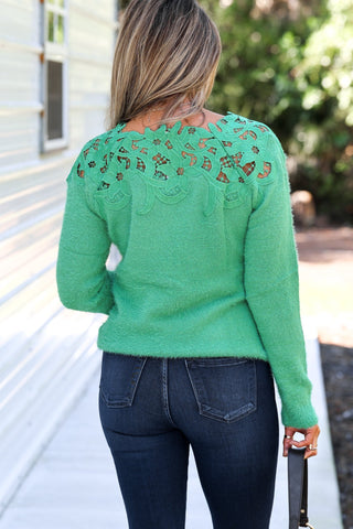 The Elise Lace Neck Green Sweater - Simply Me Boutique