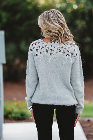 The Elise Lace Neck Grey Sweater - Simply Me Boutique