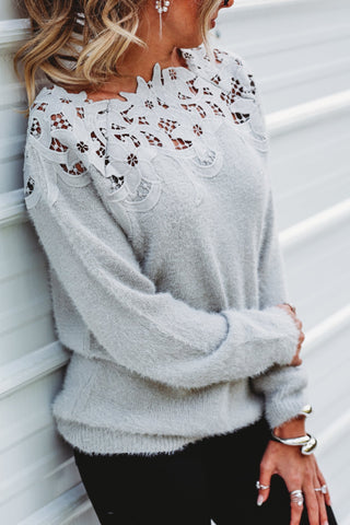 The Elise Lace Neck Grey Sweater - Simply Me Boutique