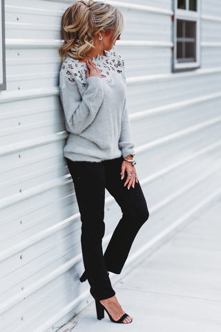 The Elise Lace Neck Grey Sweater - Simply Me Boutique