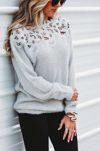 The Elise Lace Neck Grey Sweater - Simply Me Boutique