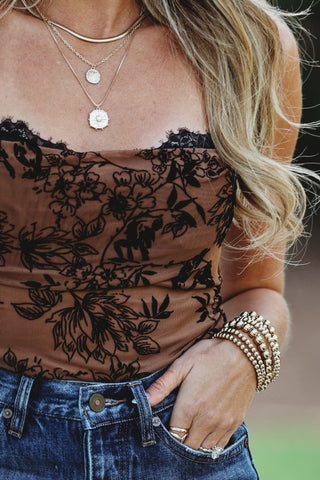 The Georgia Brown Velvet Floral Mesh Thong Bodysuit - Simply Me Boutique