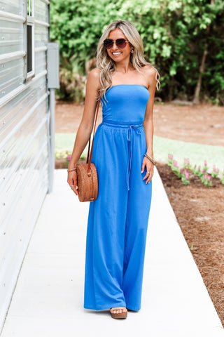 The Go Anywhere Strapless Jumpsuit (Blue) - Simply Me Boutique