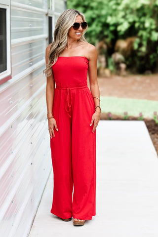 The Go Anywhere Strapless Jumpsuit (Red) - Simply Me Boutique