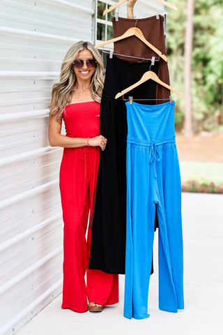 The Go Anywhere Strapless Jumpsuit (Red) - Simply Me Boutique