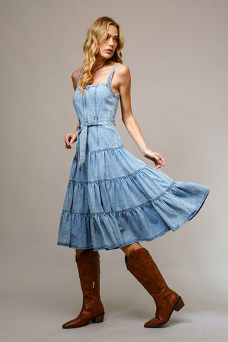 The Hadley Western Tiered Denim Zip Midi Dress - Simply Me Boutique