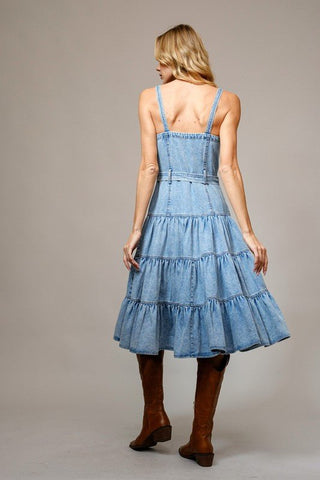 The Hadley Western Tiered Denim Zip Midi Dress - Simply Me Boutique