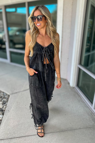 The Luna Tie Front Boho Top ASH BLACK - Simply Me Boutique